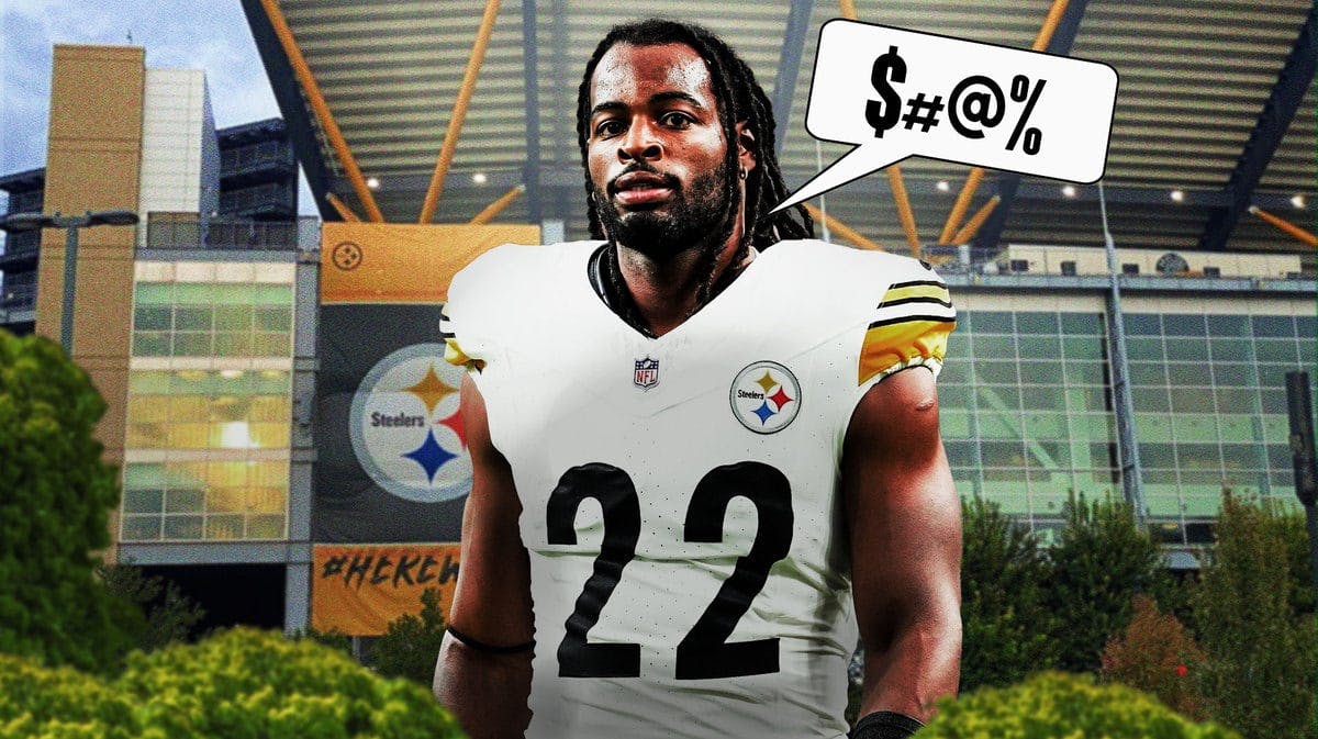 Pittsburgh Steelers' Najee Harris and a speech bubble “$#@%”