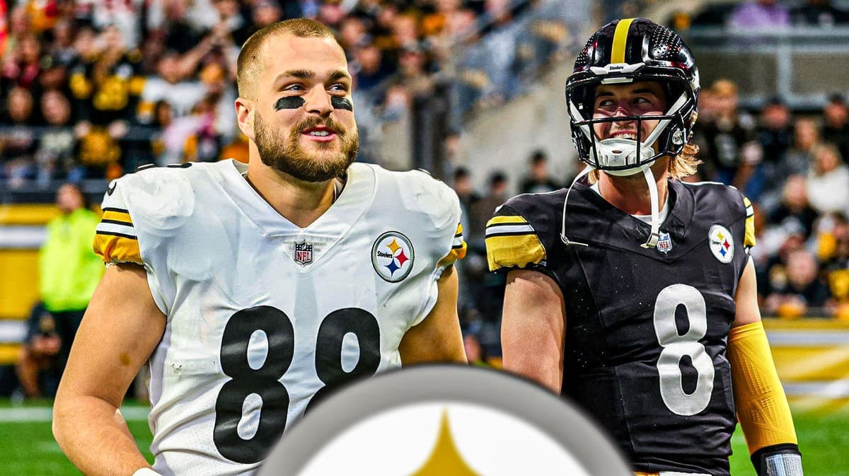 Pat Freiermuth next to Kenny Pickett, both of them smiling in Steelers uniforms