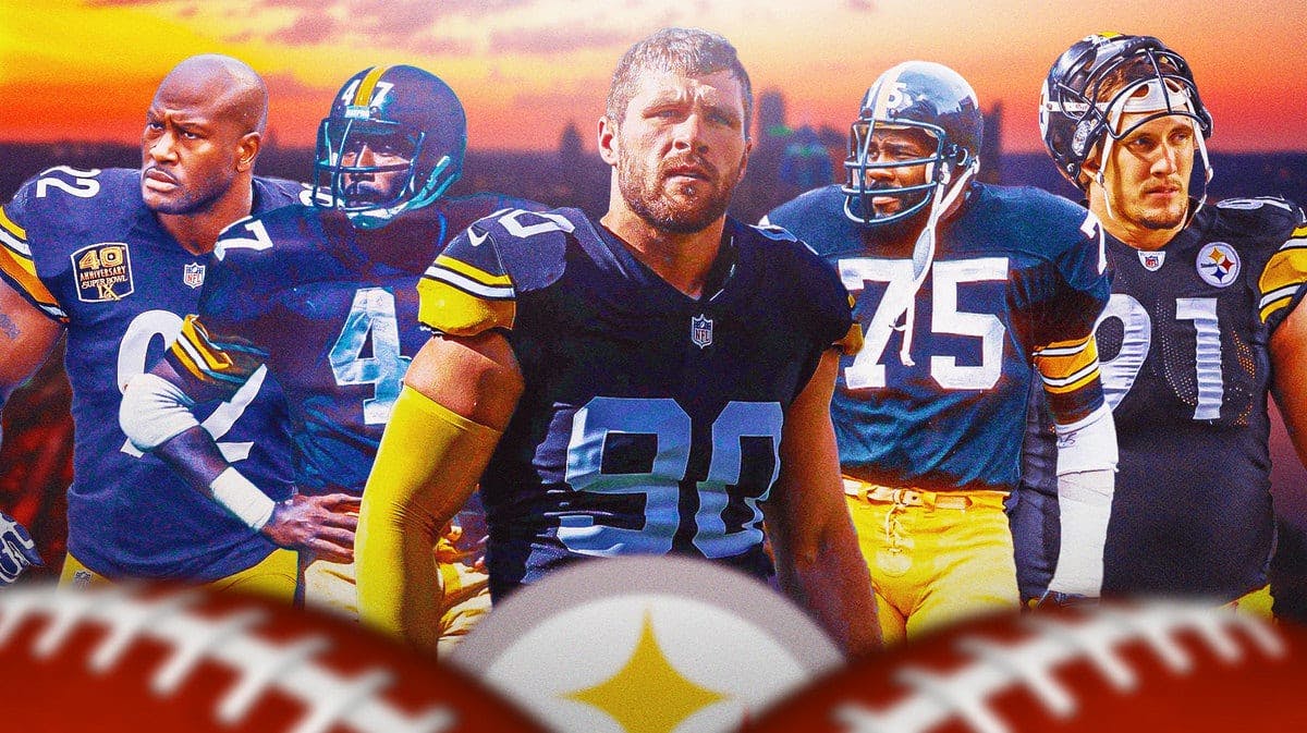 2023 Defensive Player of the Year candidate TJ Watt surrounded by Steelers Steel Curtain legends Mel Blount, Joe Greene, James Harrison, and Aaron Smith.
