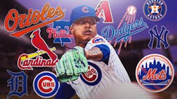Cubs' Marcus Stroman with 10 MLB team logos next to him. The logos can be: Yankees, Mets, St. Louis Cardinals, Dodgers, Cubs, Orioles, Tigers, Astros, Diamondbacks, Phillies.