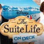 Zack and Cody actors Dylan Sprouse, Cole Sprouse, The Suite Life on Deck logo between them and cruise ship background.