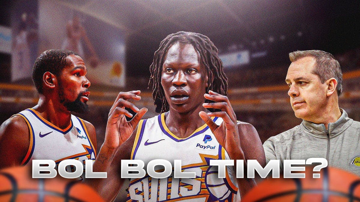 Frank Vogel and Kevin Durant looking at Suns' Bol Bol, with caption below: BOL BOL TIME?
