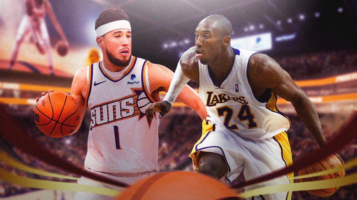 Suns' Devin Booker hyped up, with Lakers' Kobe Bryant (2008 version) hovering above him