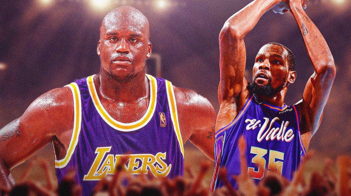 Phoenix Suns forward Kevin Durant shooting over Shaquille O'Neal