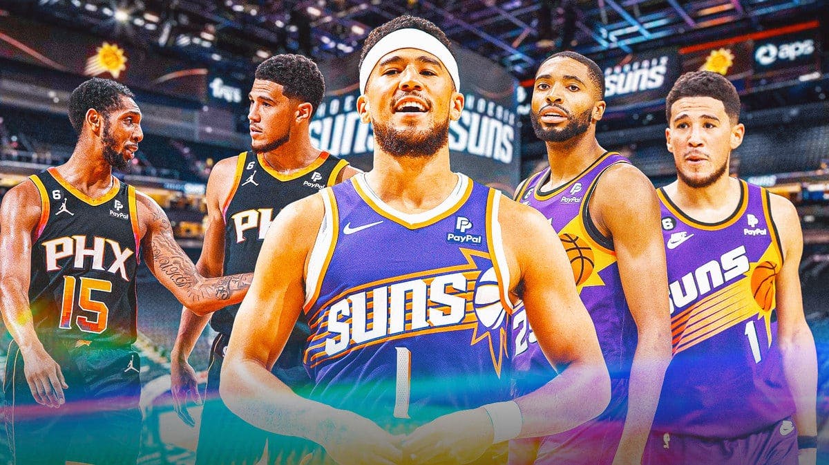picture of Devin Booker and Cam Payne together in a Suns uni on the left and Mikal Bridges and Devin Booker together in a Suns uni on the right, with a laughing Devin Booker in the middle