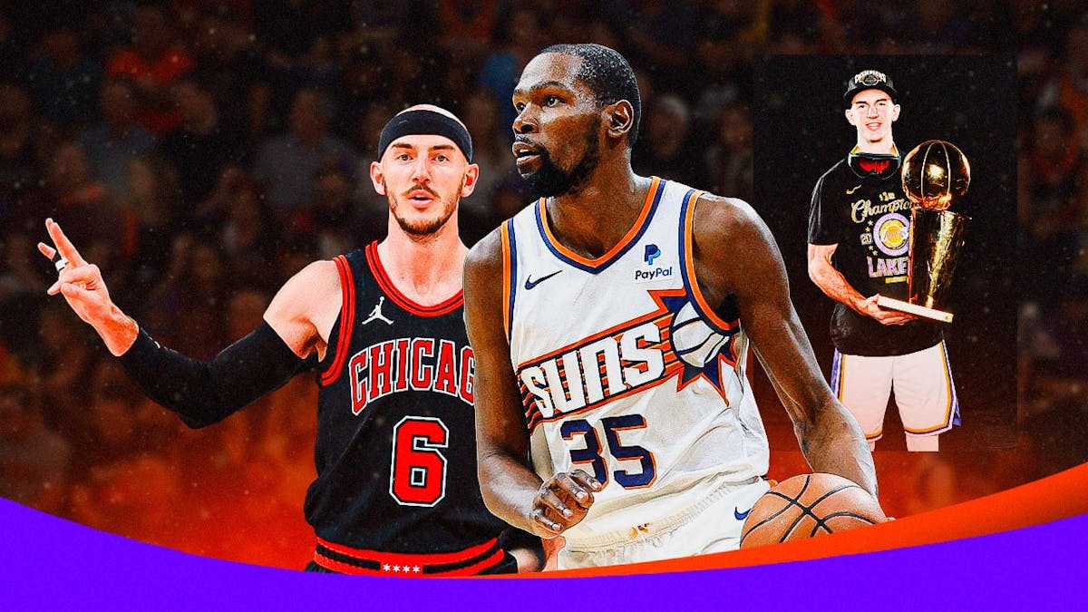 Bulls' Alex Caruso in the middle defending Suns' Kevin Durant, with a picture of Caruso holding the 2020 NBA championship with the Lakers
