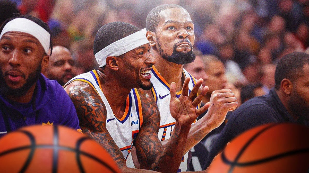 Picture of Suns' Bradley Beal smiling during November 8, 2023 against the Bulls, with Kevin Durant hyped up beside him