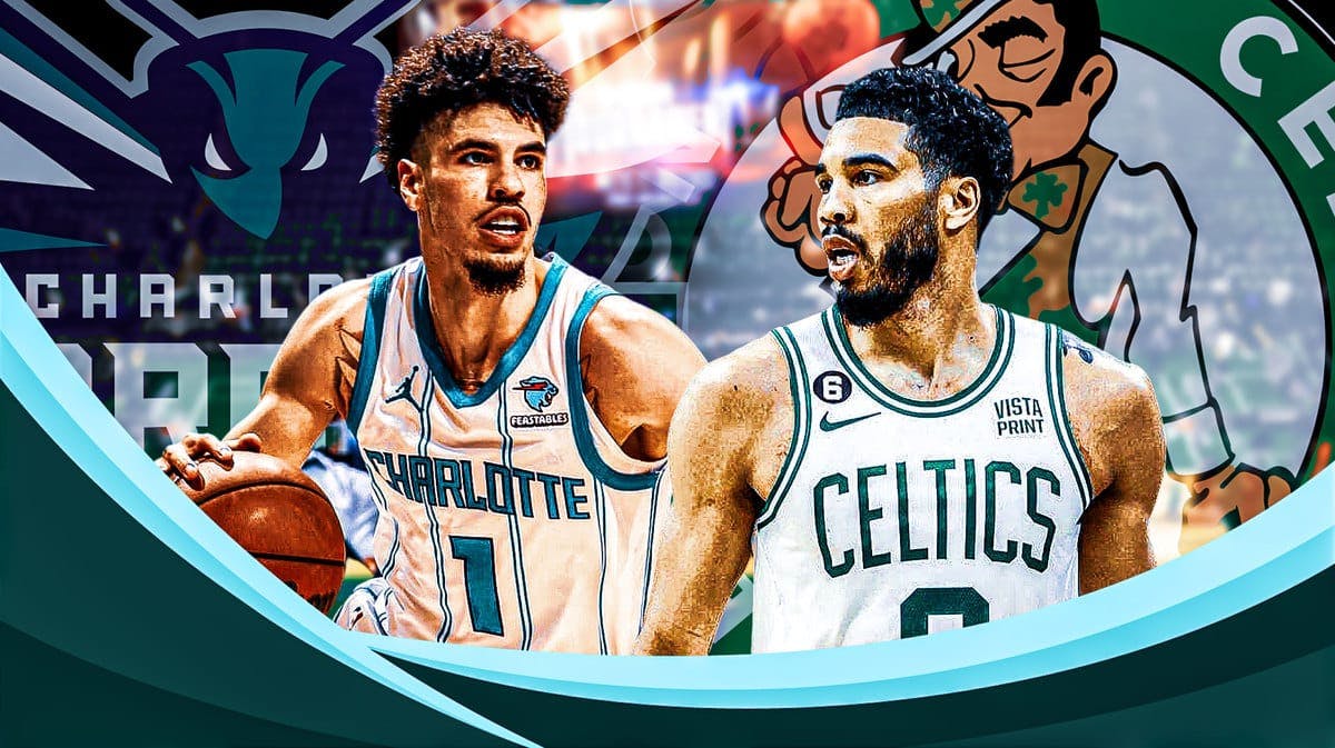 Jayson Tatum alongside LaMelo Ball with the Celtics and Hornets logos in the background
