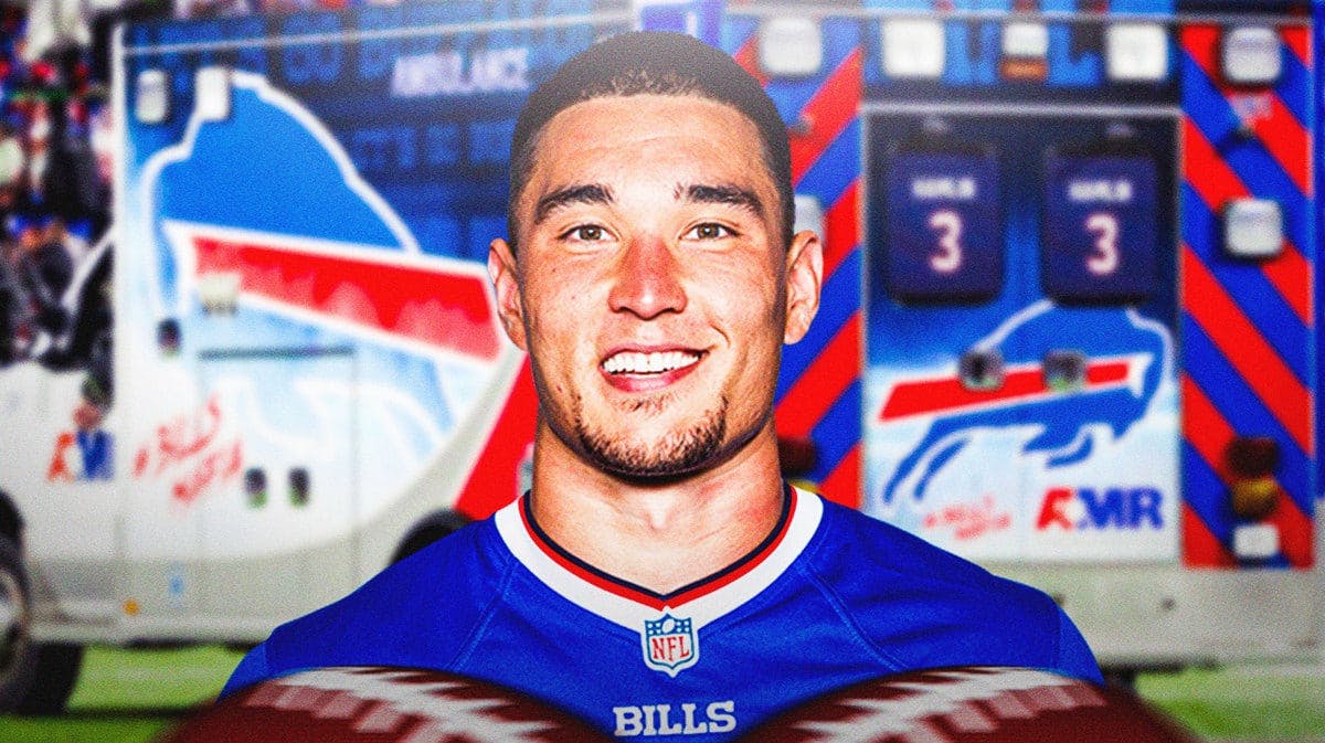 Taylor Rapp in Bills jersey smiling, another photo of him going into ambulance after Sunday’s injury