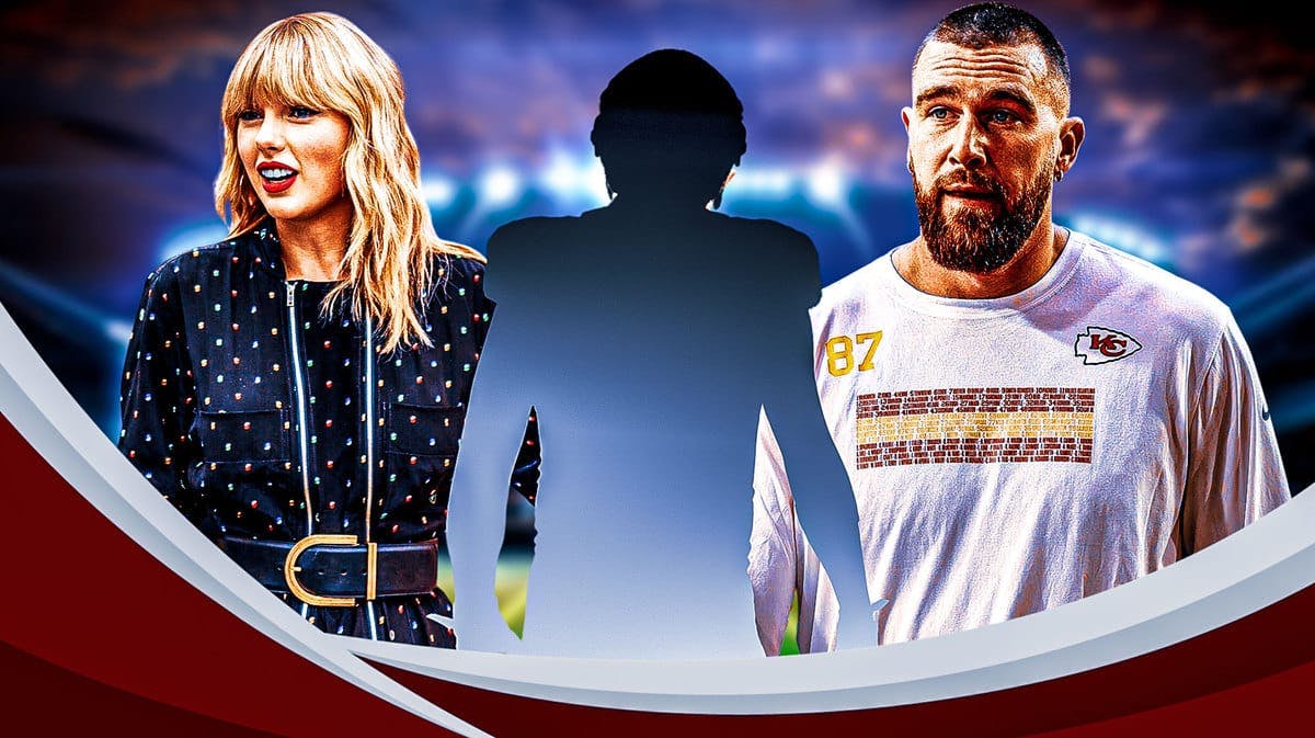 Taylor Swift and Travis Kelce and a silhouette in between them on with a football field behind them