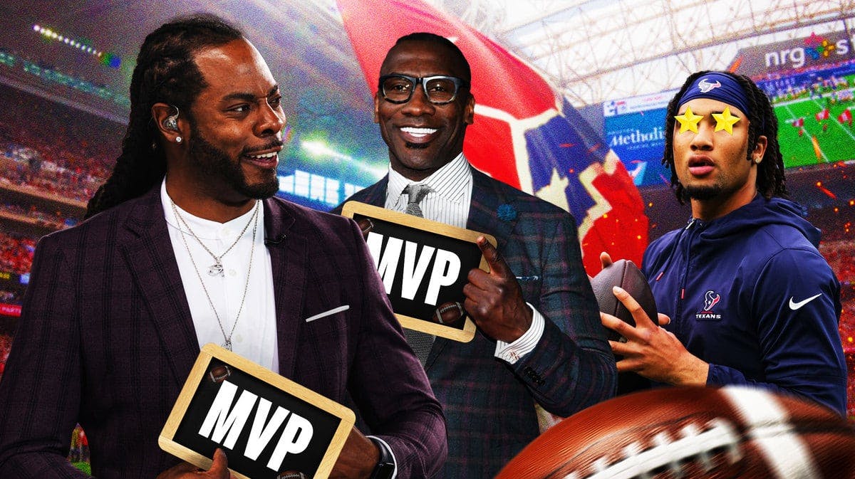 Shannon Sharpe and Richard Sherman holding MVP signs. Texans QB CJ Stroud with star in his eyes