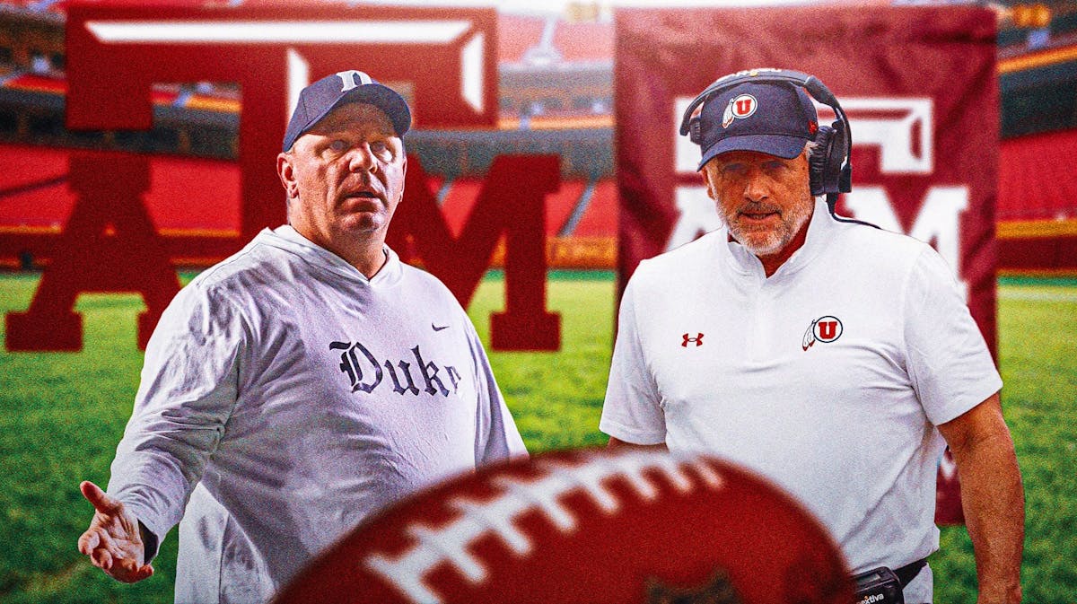 Mike Elko on the left, Kyle Whittingham on the right, in foreground. Texas A&M logo in the back.