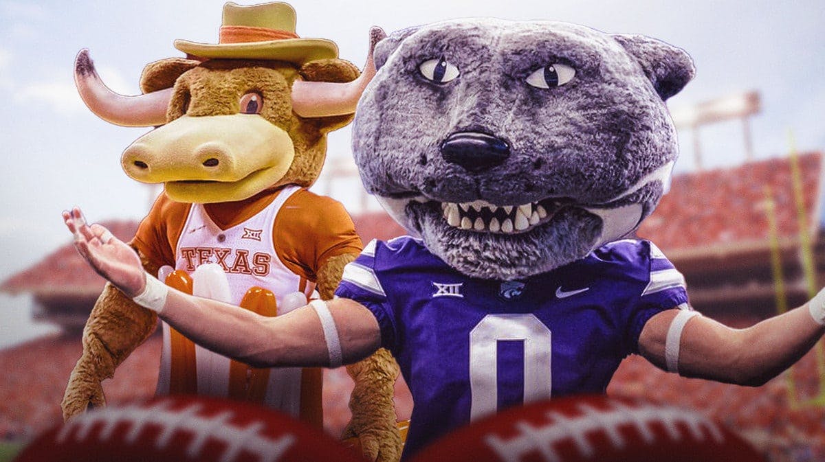 The Texas Longhorns mascot looking disappointed and the Kansas State Wildcats mascot looking excited