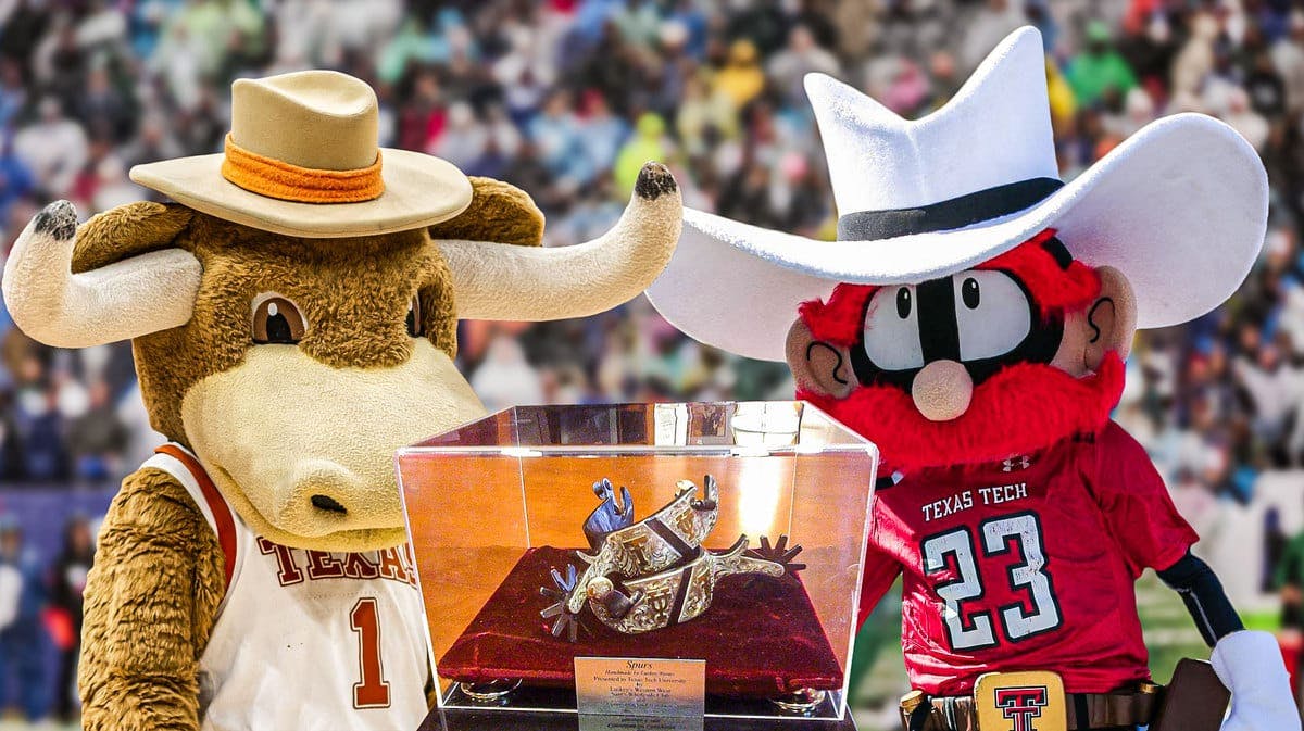 Texas football and Texas Tech mascots with the Battle for the Chancellors spurs