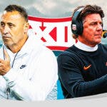 Texas football Steve Sarkisian with Oklahoma State Mike Gundy with the Big 12 Conference logo
