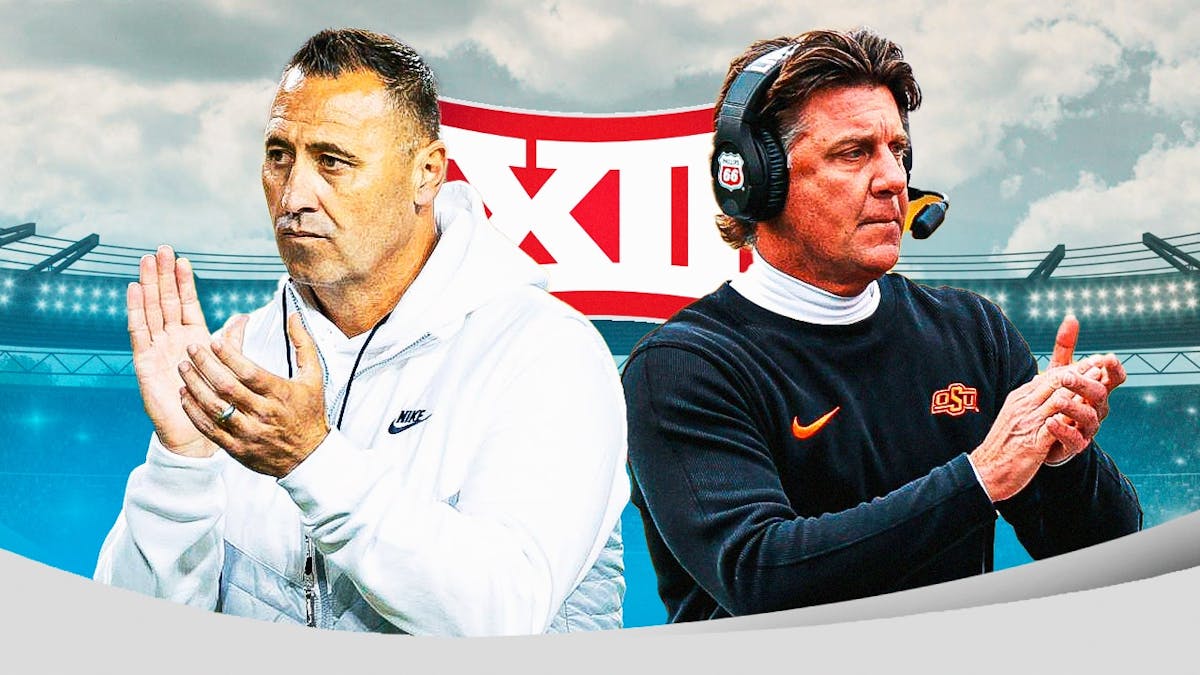 Texas football Steve Sarkisian with Oklahoma State Mike Gundy with the Big 12 Conference logo