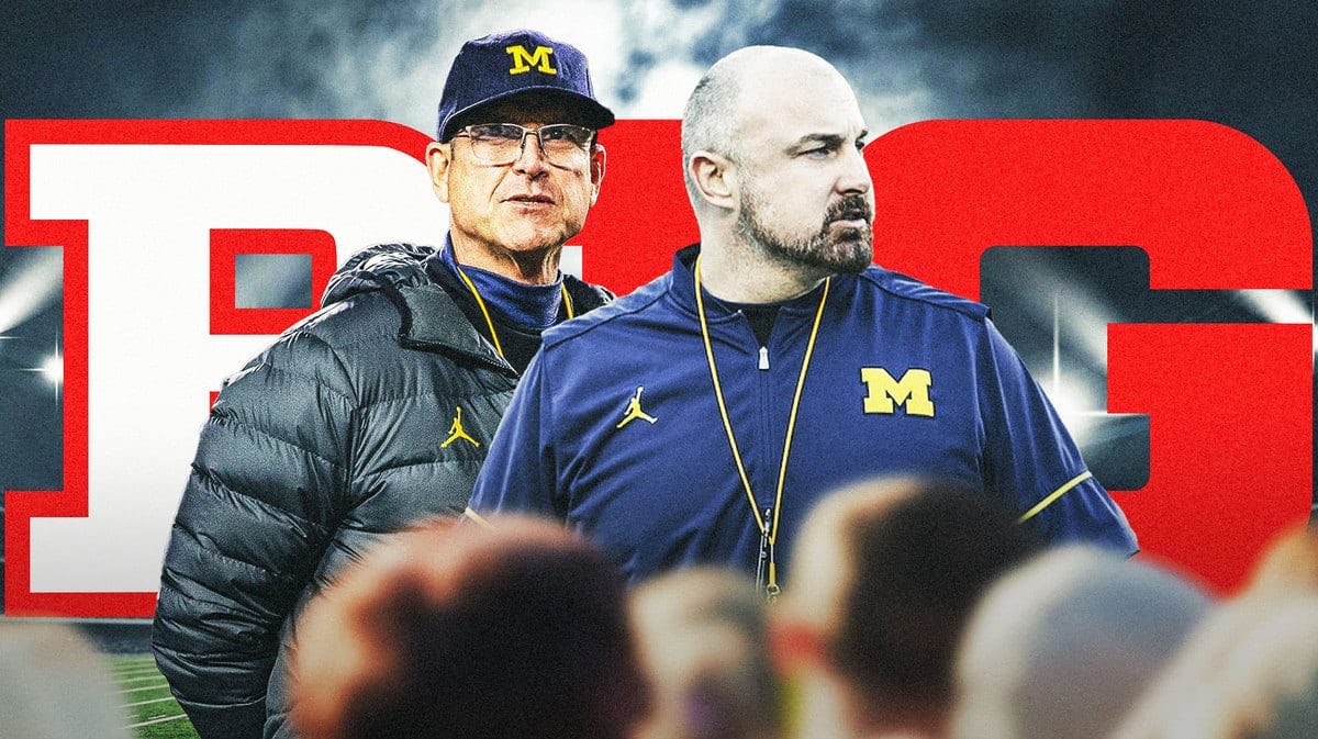 Jim Harbaugh coaching Michigan football, have an X through Chris Partridge, Michigan’s linebacker coach, Big Ten logo in background