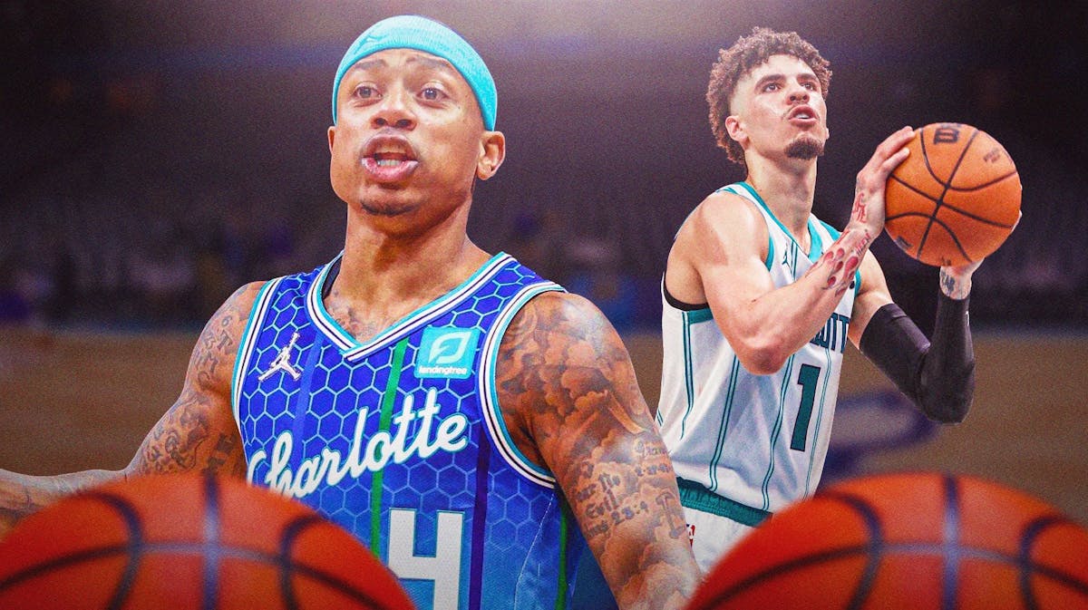 Isaiah Thomas in a Hornets jersey next to Hornets' LaMelo Ball. Have LaMelo Ball shooting a basketball.