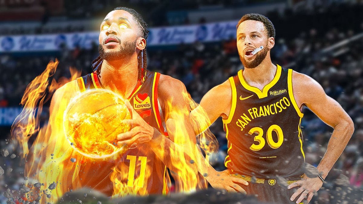 Thunder guard Isaiah Joe shooting a fireball while he’s on fire (a la Human Torch), with Warriors' Stephen Curry looking on
