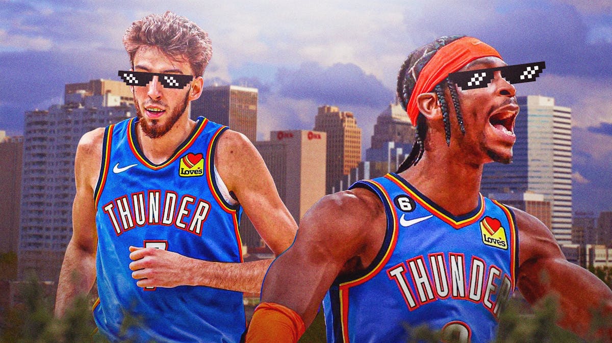 Thunder Shai Gilgeous-Alexander and Chet Holmgren looking cool, with thug life shades on their eyes