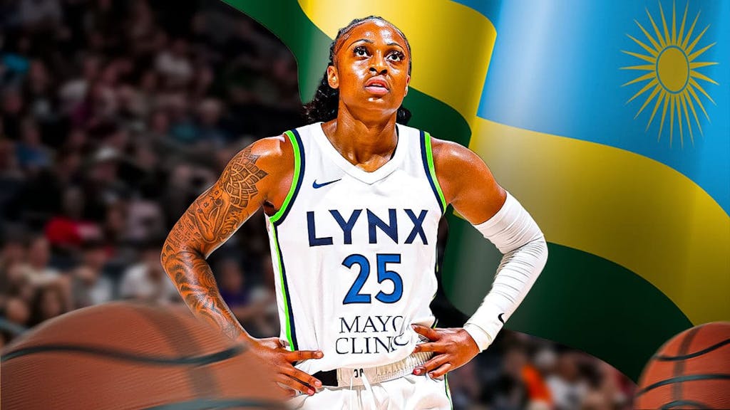 Minnesota Lynx player Tiffany Mitchell in her Lynx uniform with the Rwandan flag behind her and basketballs