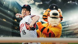 Kenta Maeda action shot with Detroit Tigers mascot in the background