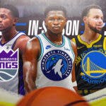 Anthony Edwards of the Timberwolves in the center, the Kings De’Aaron Fox on left and Warriors Stephen Curry on left, who are all in the In-Season Tournament