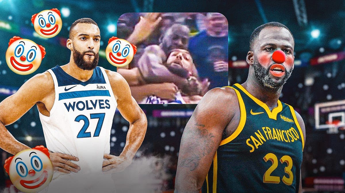 Timberwolves' Rudy Gobert looking angry, with clown emojis all over him, while Warriors' Draymond Green has clown face paint on, screenshot of Draymond’s choke of Gobert on November 14, 2023 in the middle