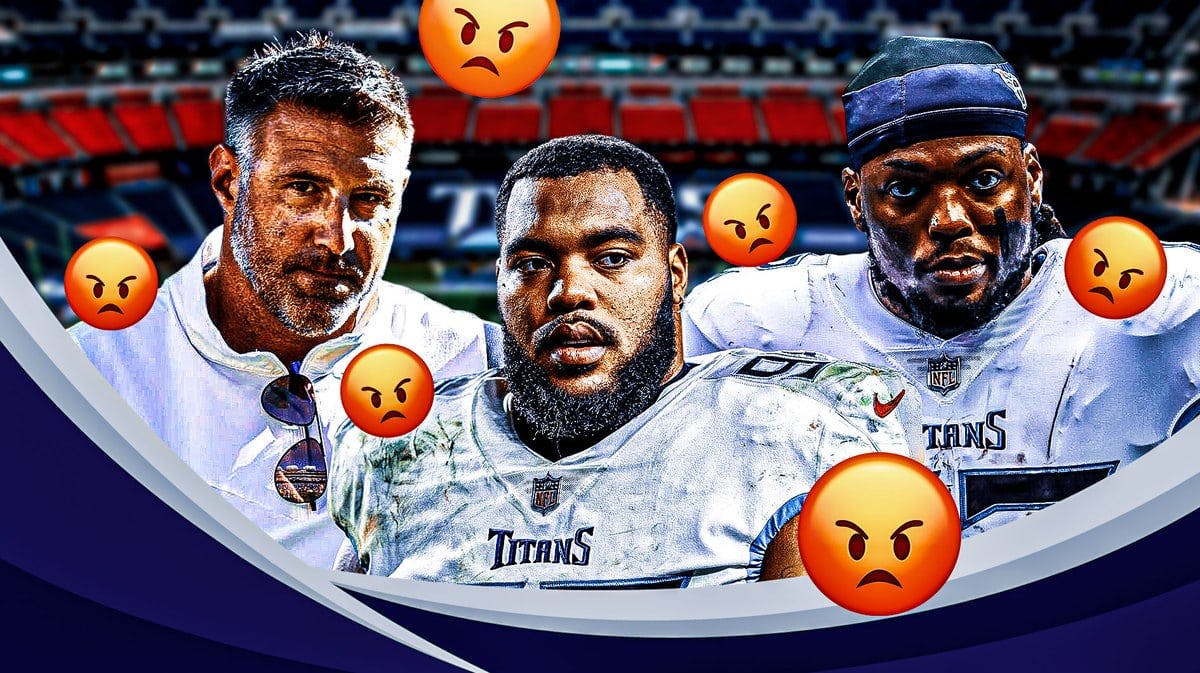Derrick Henry, Mike Vrabel and Jeffery Simmons with angry emojis