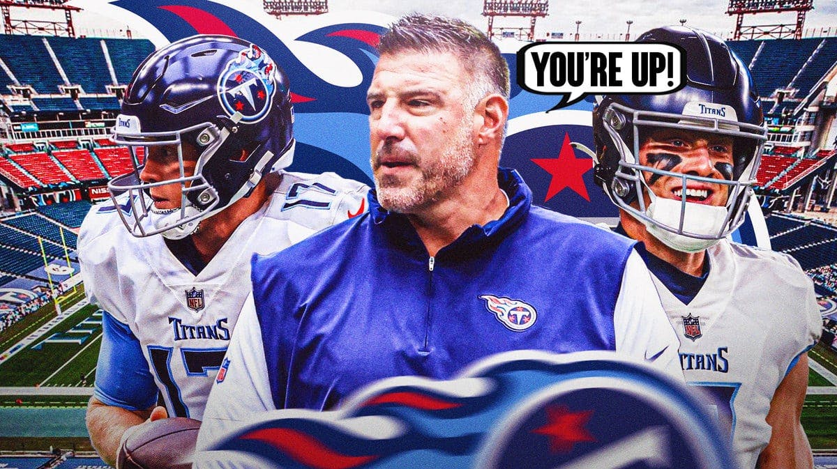 Will Levis smiling in Titans jersey, Ryan Tannehill looking serious, Mike Vrabel in Titans coaching gear in front of them saying “You’re up!”