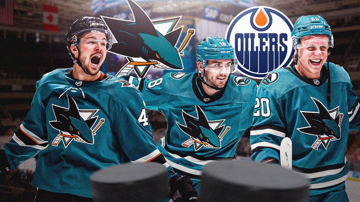 Tomas Hertl, Fabian Zetterlund and Filip Zadina all in image looking happy, SJ Sharks and EDM Oilers logos, hockey rink in background