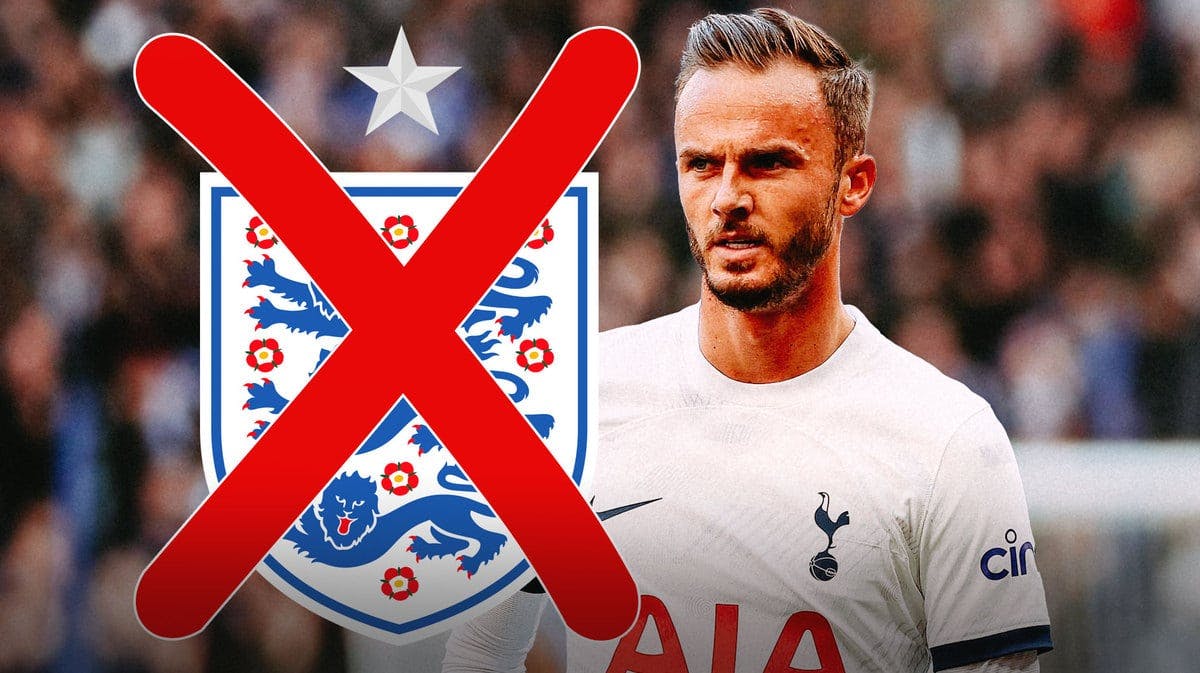 James Maddison in front of the England soccer logo, the England soccer logo crossed out Tottenham