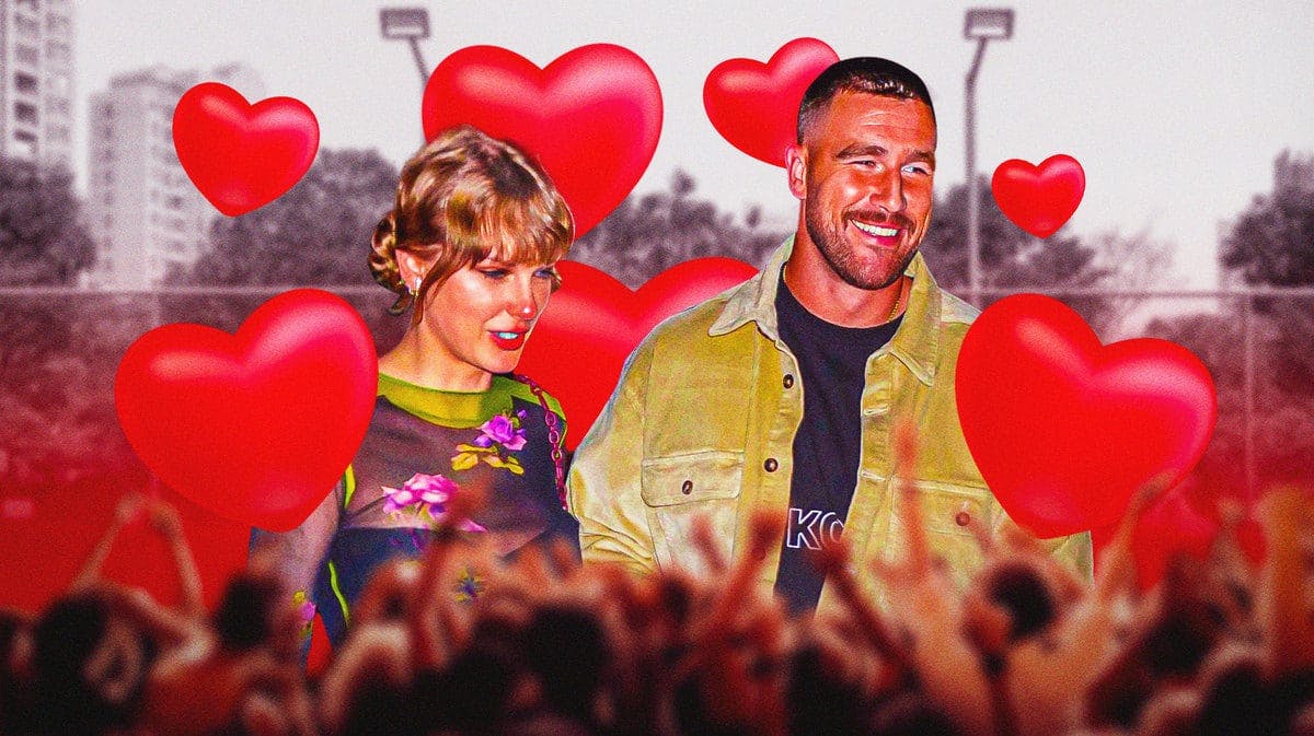 Travis Kelce and Taylor Swift with heart emojis