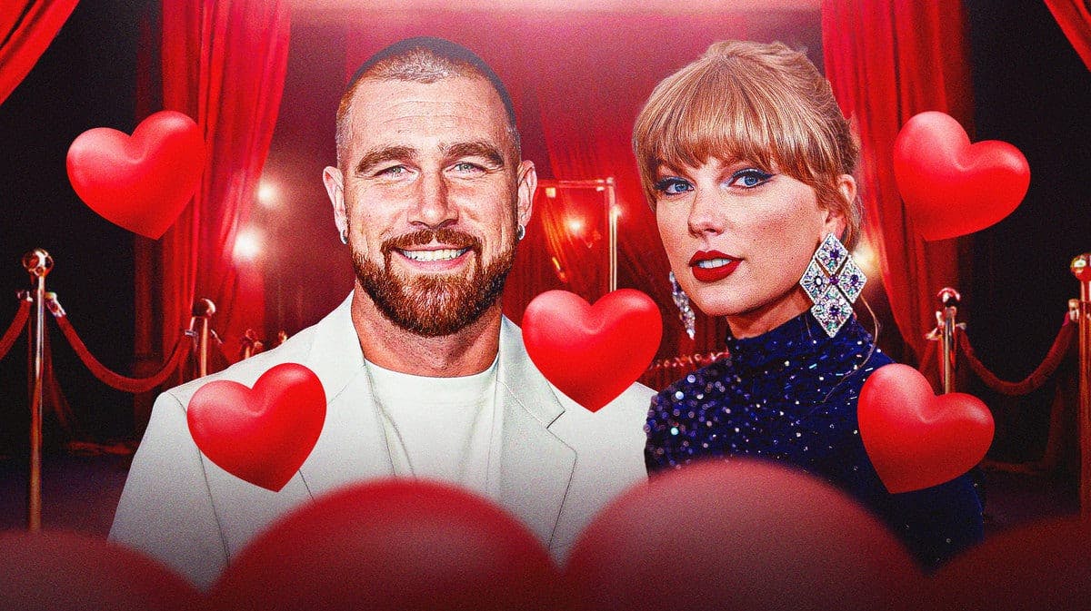 Taylor Swift and Travis Kelce with hearts around them