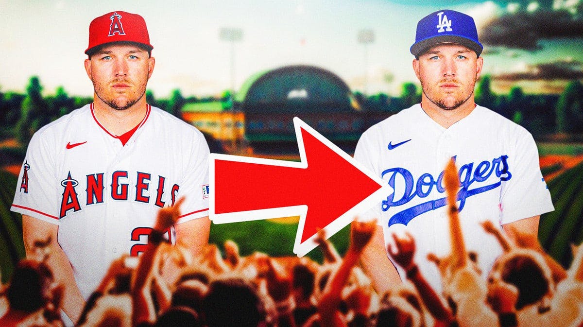 Angels' Mike Trout on left. Arrow in middle pointing to the right. Mike Trout in a Dodgers uniform on right.