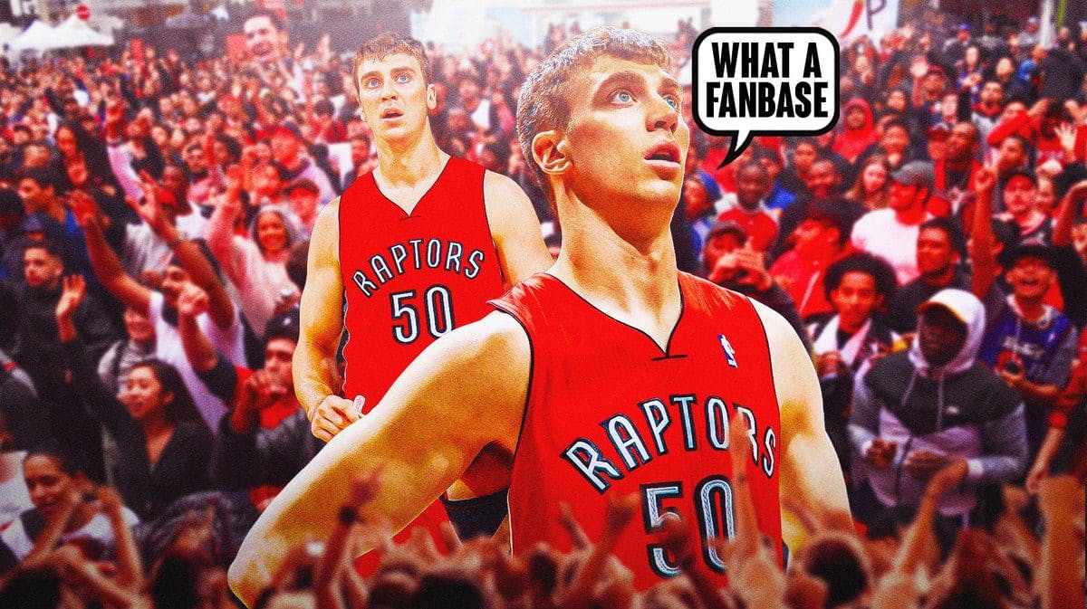 Tyler Hansbrough in Raptors jersey saying “What a fanbase”, have screaming Raptors fans in background
