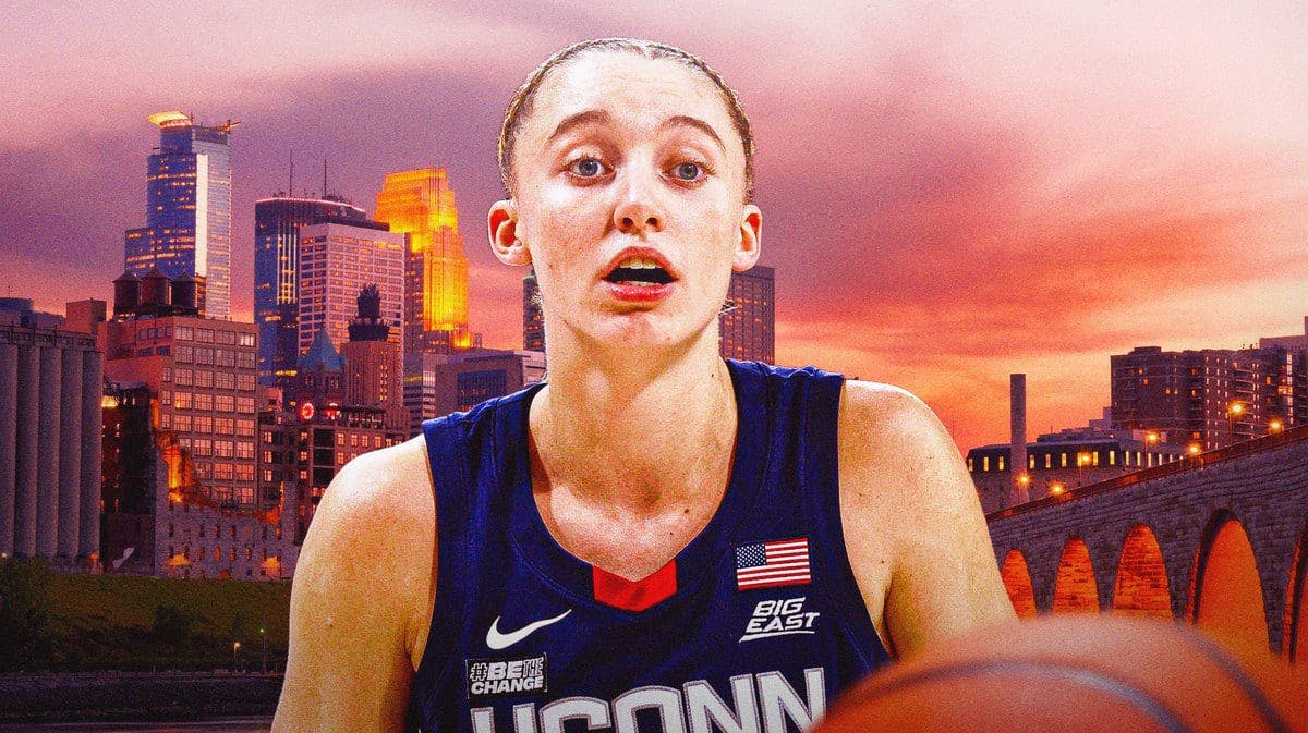 UConn women’s basketball player Paige Bueckers in her UConn uniform with the city of Minneapolis in the background