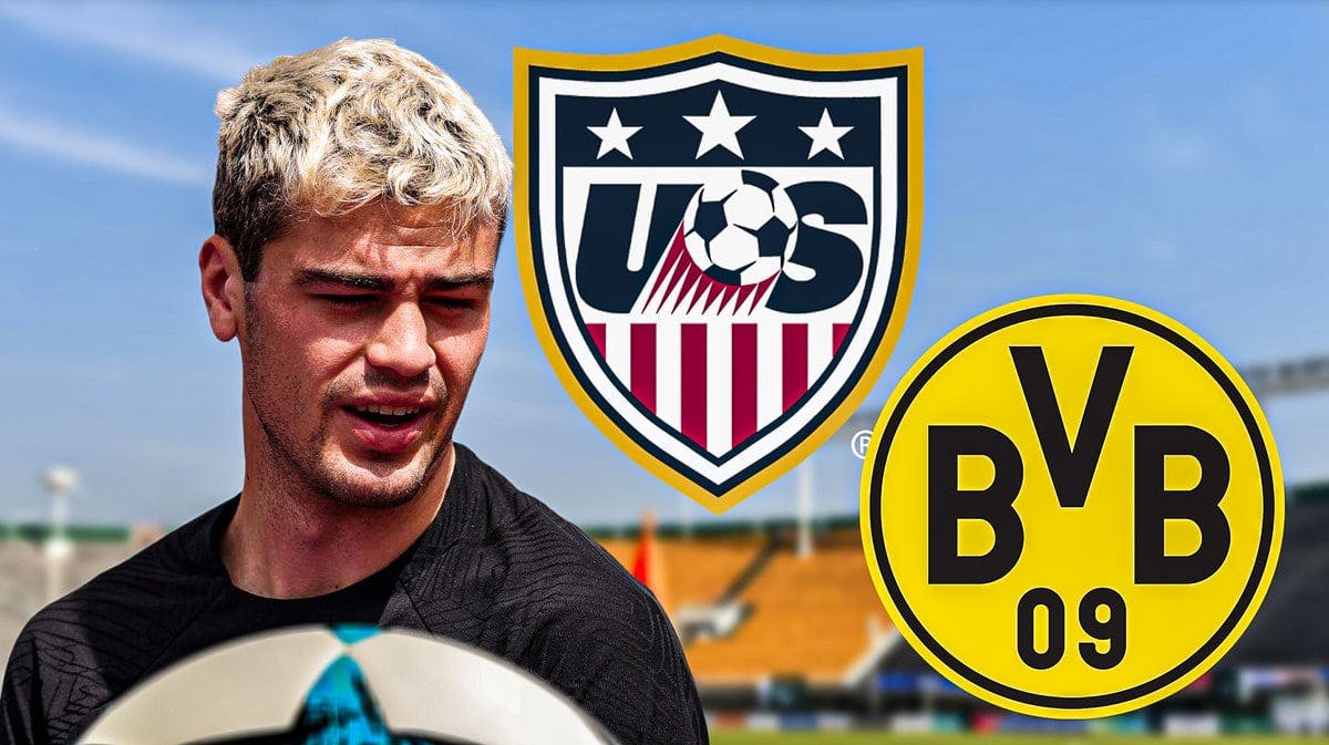 Gio Reyna in front of the USMNT and Borussia Dortmund logos