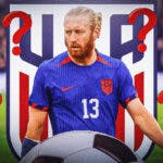 Tim Ream in front of the USMNT logo with questionmarks around him