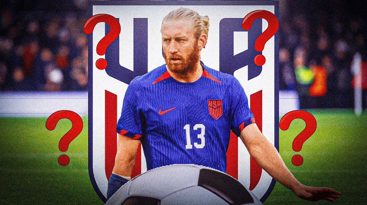 Tim Ream in front of the USMNT logo with questionmarks around him