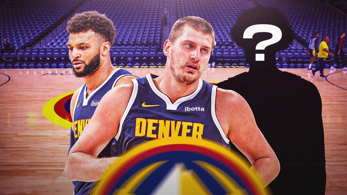 Nuggets' Jamal Murray and Nikola Jokic looking concerned, with a silhouette of Julian Strawther on the side with a question mark on it