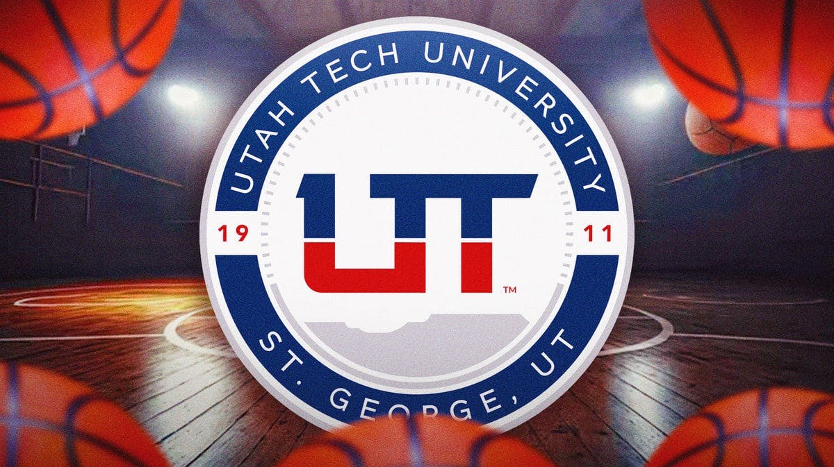 The Utah Tech University logo. The Utah Tech women's basketball coach , JD Gustin, was suspended for two games.