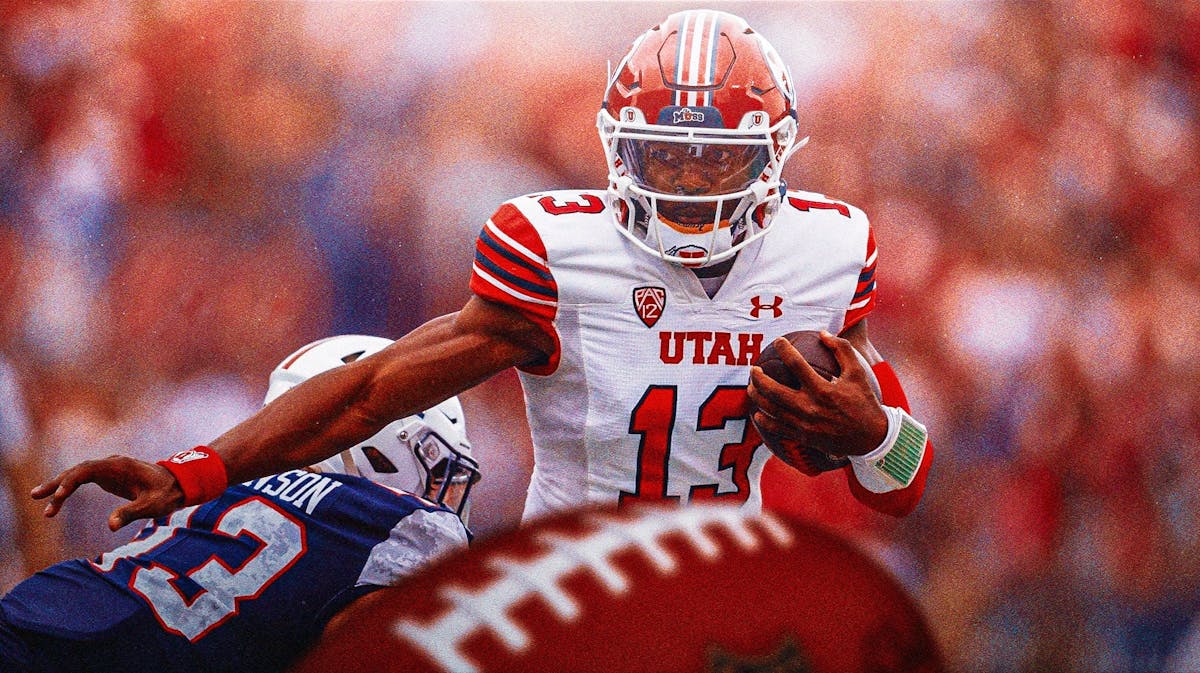 Utah quarterback Nate Johnson in the foreground, playing football.