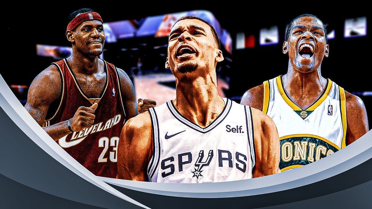 Spurs' Victor Wembanyama hyped up in the middle, with 2003 Cavs LeBron James on the left smiling and 2007 Sonics Kevin Durant on the right hyped up