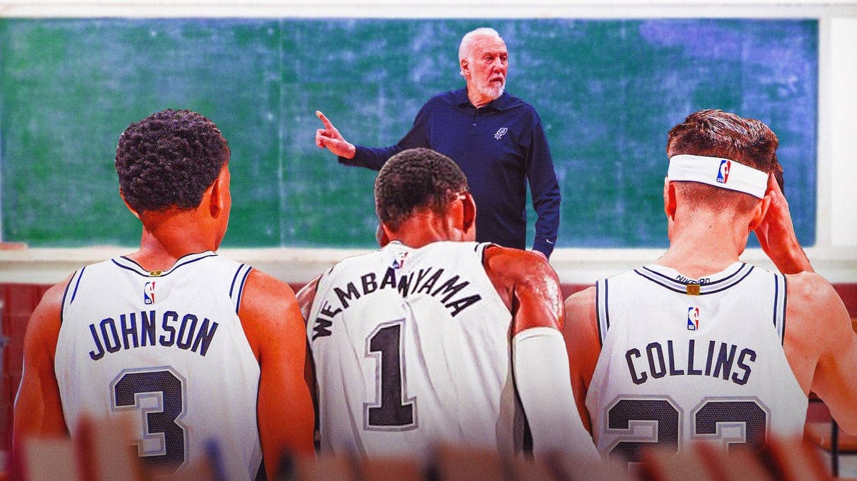 Spurs' Victor Wembanyama, Keldon Johnson, and Zach Collins as students, with Gregg Popovich as a teacher inside a classroom