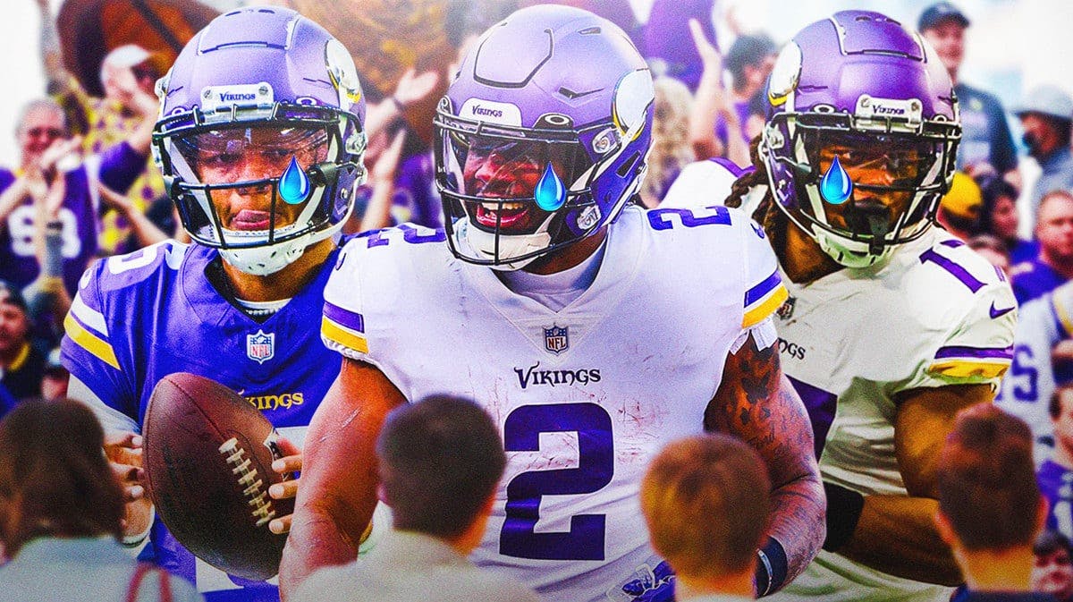 Josh Dobbs, Alexander Mattison, KJ Osborn all with tear emojis 💧 and with crying Minnesota Vikings fans in the background.