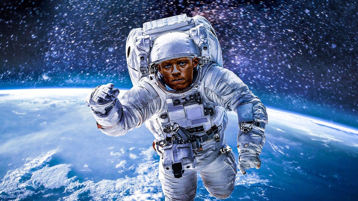 Joshua Dobbs of the Vikings as an astronaut floating in space with Earth in the background