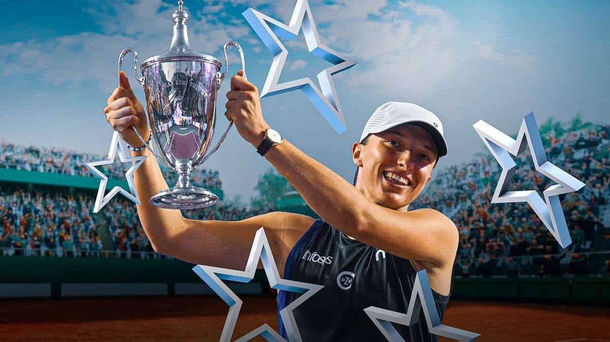 Women’s tennis player Iga Swiatek on a tennis court with stars and trophies surrounding her
