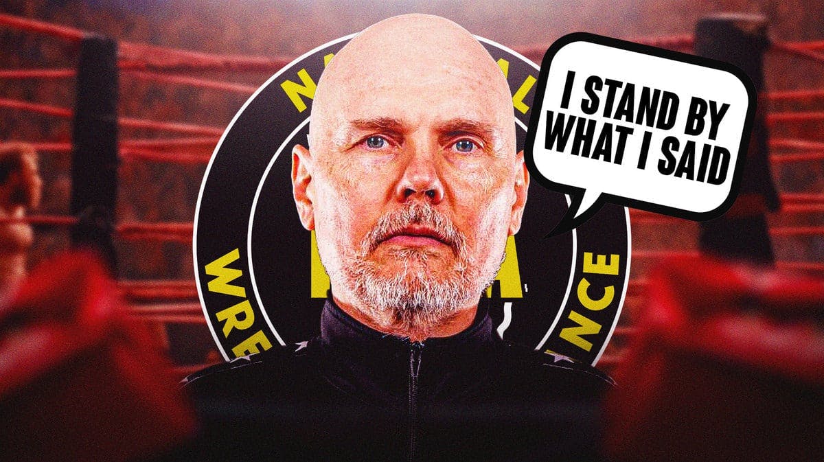 NWA’s Billy Corgan with a text bubble reading “I stand by what I said” with the NWA logo as the background.