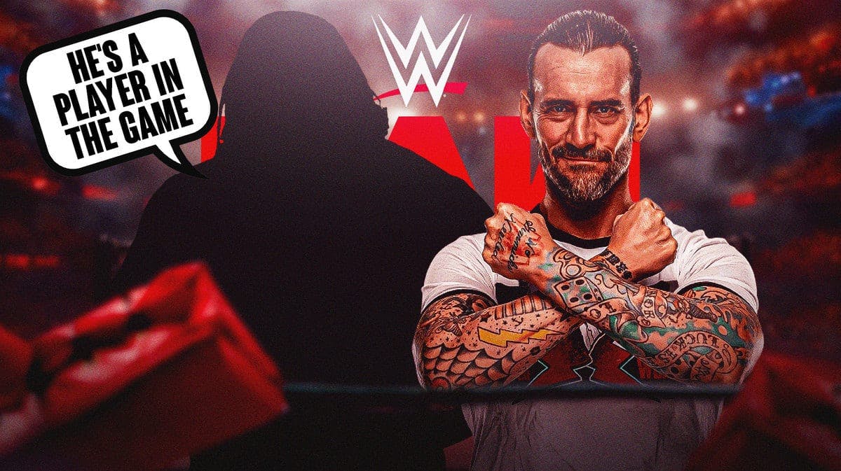 The blacked-out silhouette of Mark Henry with a text bubble reading “He's a player in the game” next to CM Punk with the RAW logo as the background.